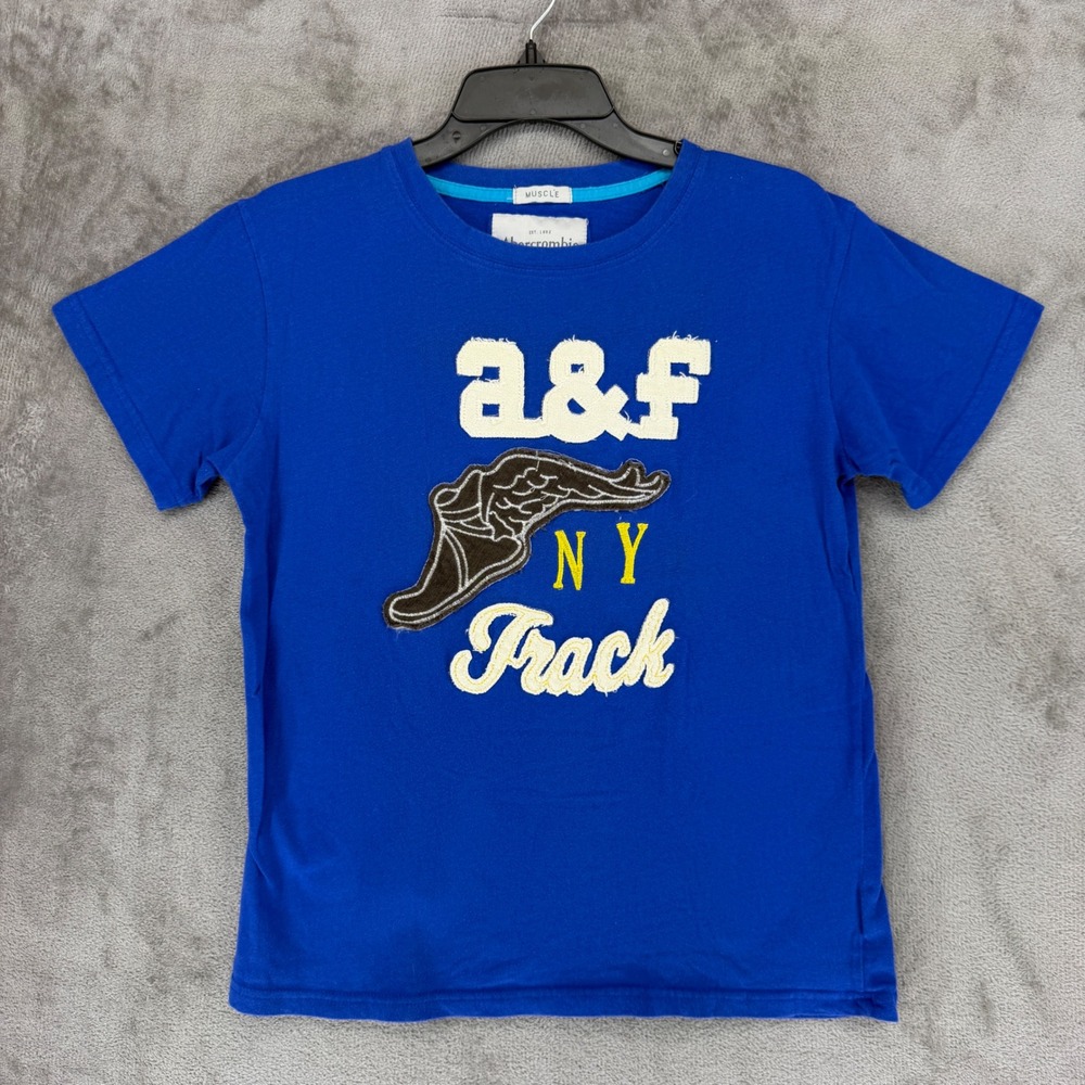Abercrombie & Fitch Kids T-Shirt Size L Blue NY Track Winged Shoe Muscle Tee